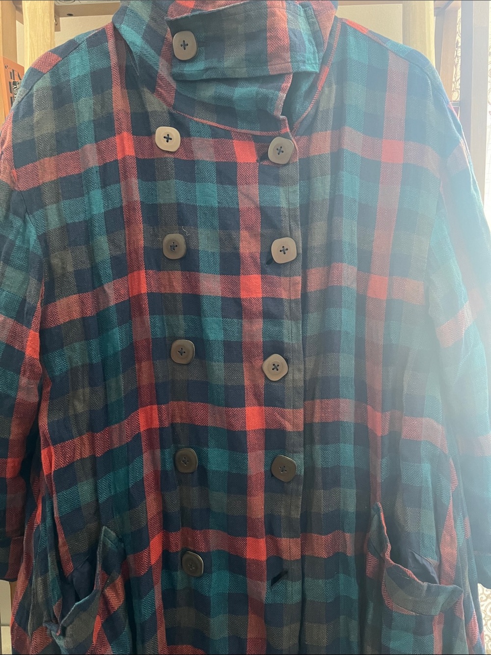 Plaid Double-Breasted Women's Coat - Red & Blue - Picture 3 of 5